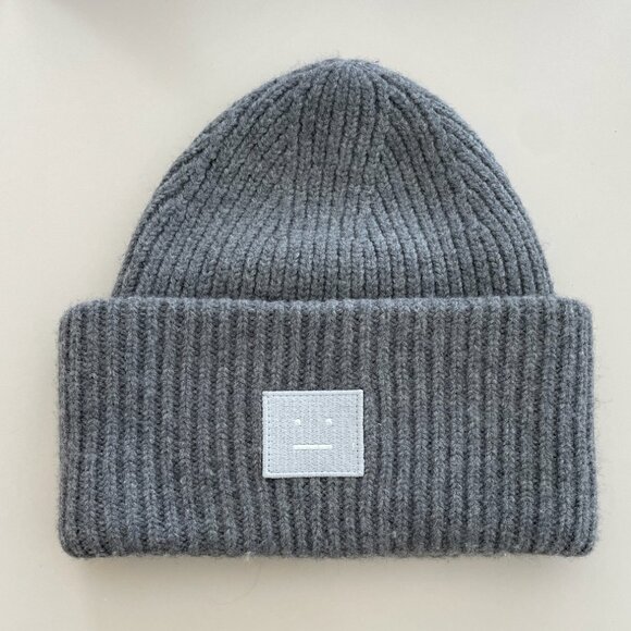 Acne Studios Large Face Logo Beanie in Grey Melange - Picture 1 of 5